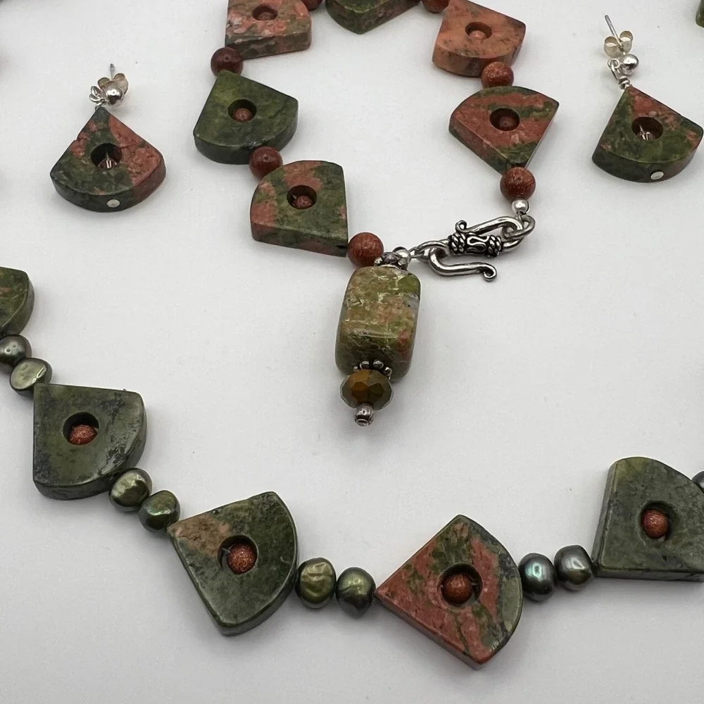 Unakite & Goldstone Sterling Silver Jewelry Set – Necklace, Bracelet, Earrings‎